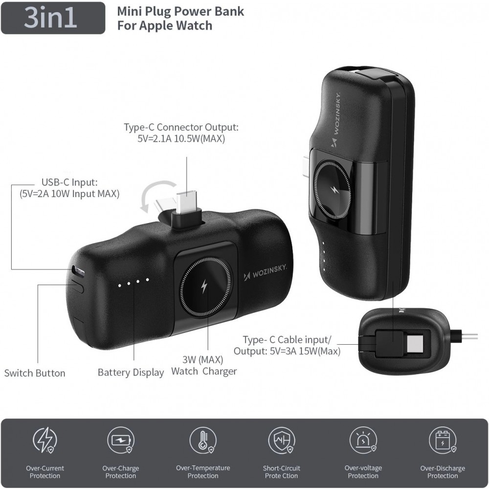 Wozinsky WF16-YCS 5000mAh 15W USB-C Mini Powerbank mit integriertem USB-C-Kabel und Apple Watch Ladeger&auml;t - Schwarz