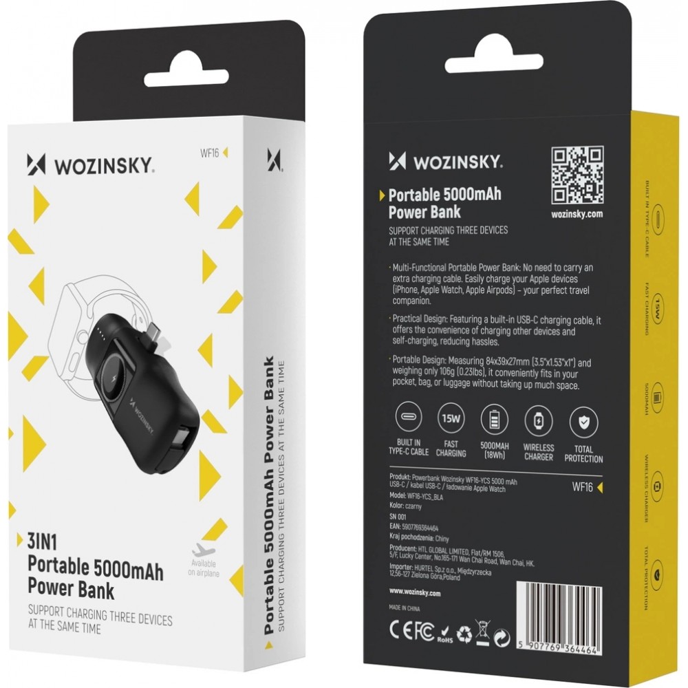 Wozinsky WF16-YCS 5000mAh 15W USB-C Mini Powerbank mit integriertem USB-C-Kabel und Apple Watch Ladeger&auml;t - Schwarz