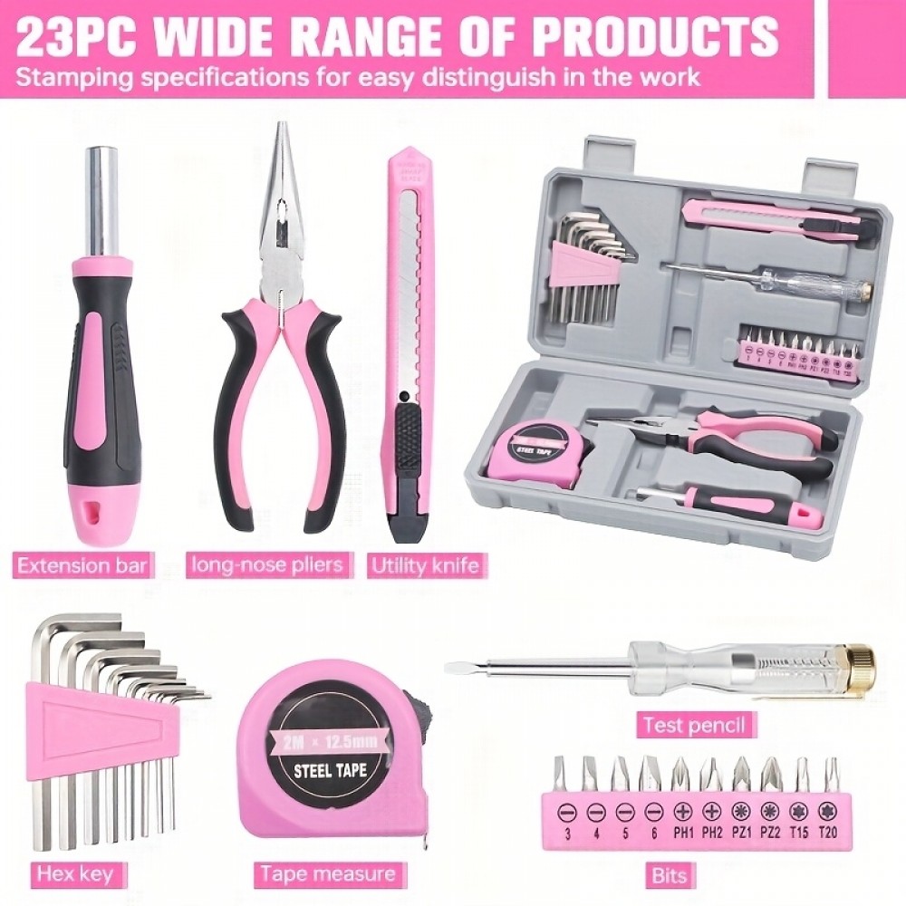 Faltbare und kompakte Werkzeugbox für Mädchen/Frauen (23 Teile) mit allen wichtigen Werkzeugen - Rosa