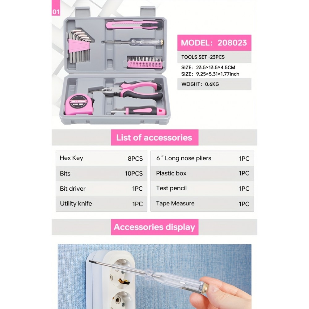 Faltbare und kompakte Werkzeugbox für Mädchen/Frauen (23 Teile) mit allen wichtigen Werkzeugen - Rosa