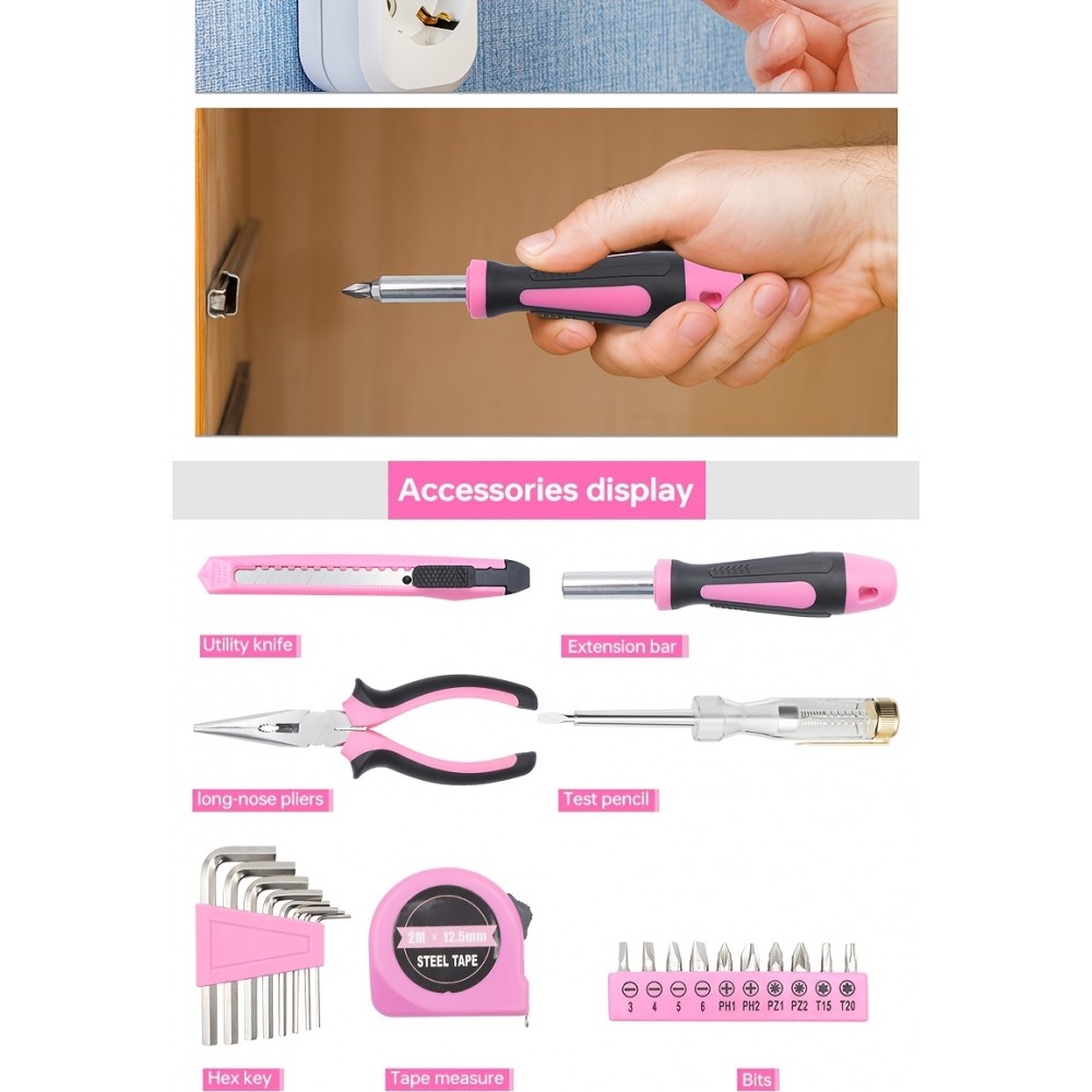 Faltbare und kompakte Werkzeugbox für Mädchen/Frauen (23 Teile) mit allen wichtigen Werkzeugen - Rosa