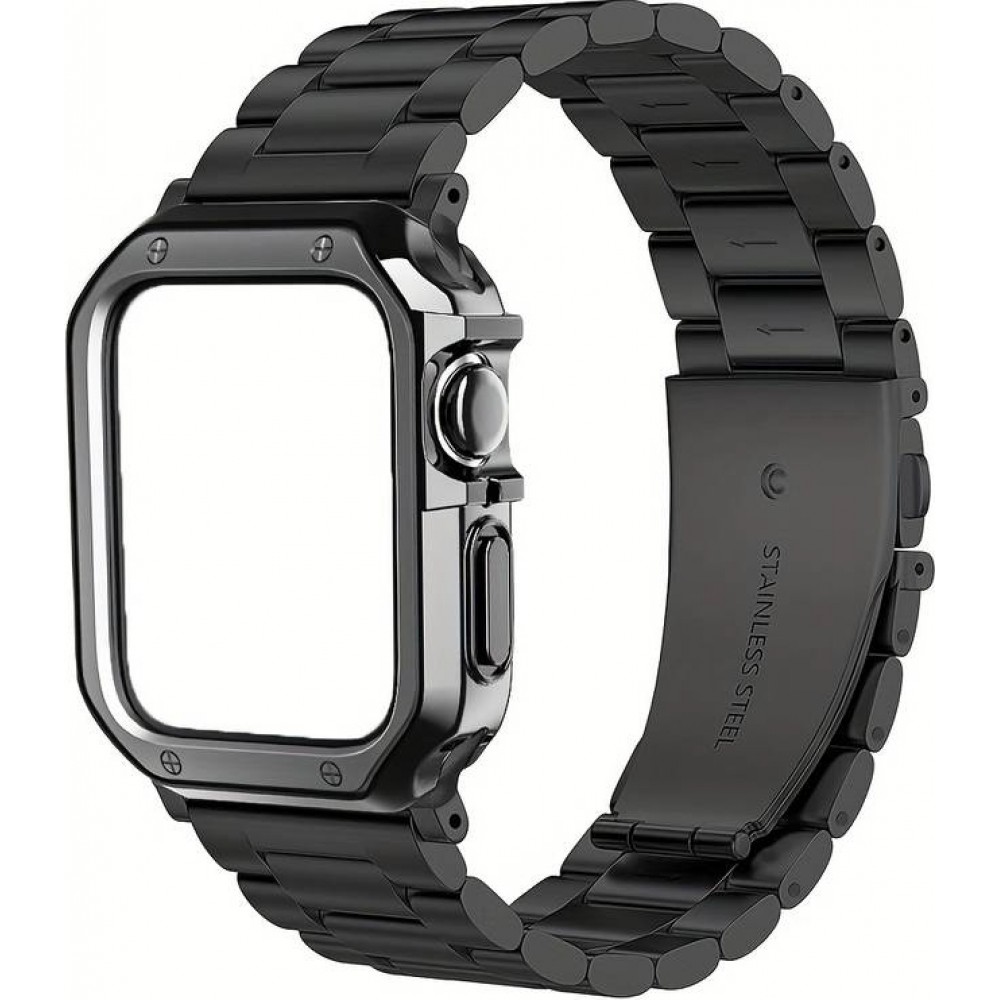 Edles Metallarmband mit integrierter TPU Silikon Schutzhülle für Apple Watch 42/44/45 mm- Schwarz