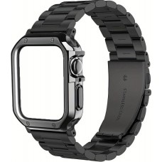 Edles Metallarmband mit integrierter TPU Silikon Schutzhülle für Apple Watch 42/44/45 mm- Schwarz