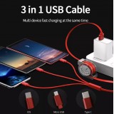 3 in 1 Multi-Anschluss Ladekabel zusammenrollend mit Micro-USB, USB-C und Lightning - Blau