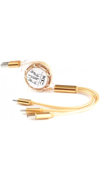 3 in 1 Multi-Anschluss Ladekabel zusammenrollend mit Micro-USB, USB-C und Lightning - Gold