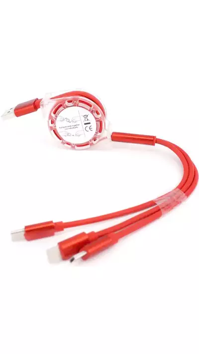 3 in 1 Multi-Anschluss Ladekabel zusammenrollend mit Micro-USB, USB-C und Lightning - Rot