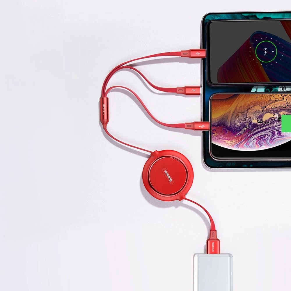 Baseus Golden Loop 3 in 1 ausziehbares Kabel USB - Micro USB / Lightning / USB-C (3.5A) 35cm - 120cm (CAMLT-JH01) - Schwarz