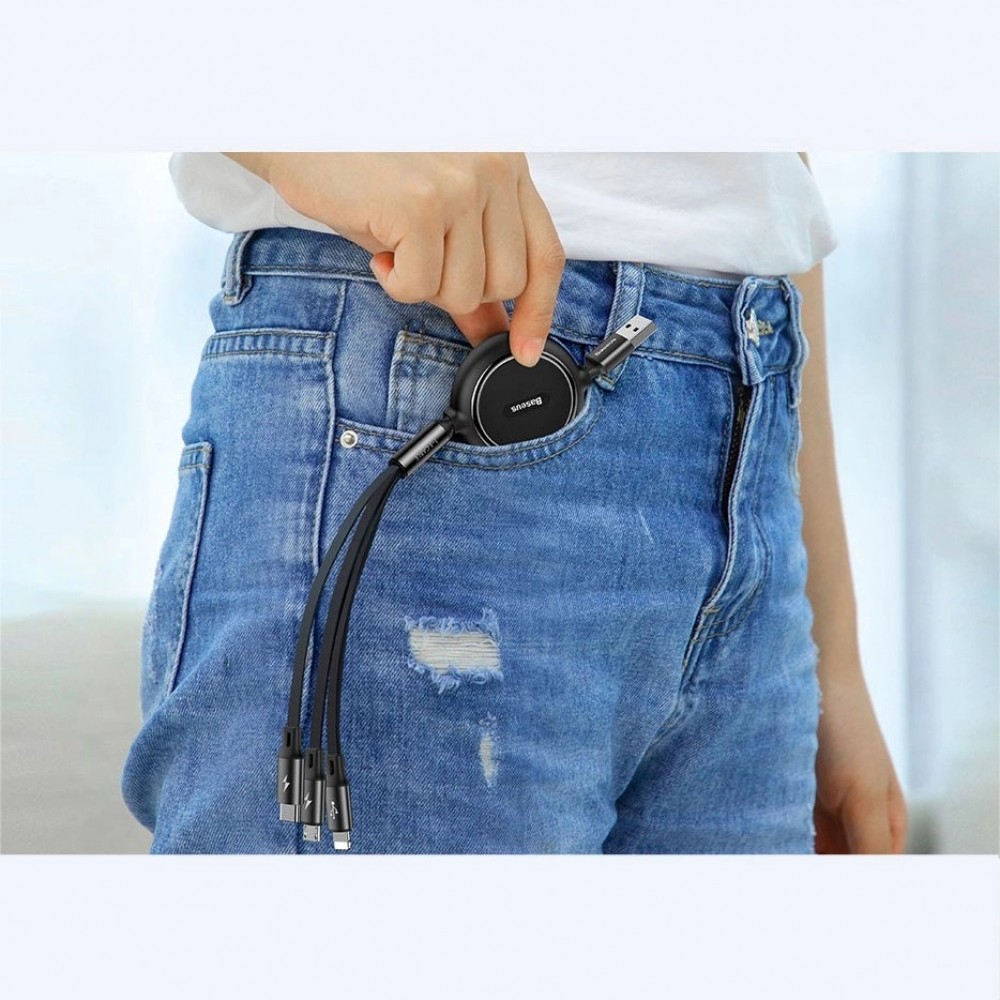 Baseus Golden Loop 3 in 1 ausziehbares Kabel USB - Micro USB / Lightning / USB-C (3.5A) 35cm - 120cm (CAMLT-JH01) - Schwarz