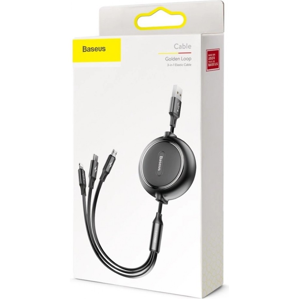 Baseus Golden Loop 3 in 1 ausziehbares Kabel USB - Micro USB / Lightning / USB-C (3.5A) 35cm - 120cm (CAMLT-JH01) - Schwarz