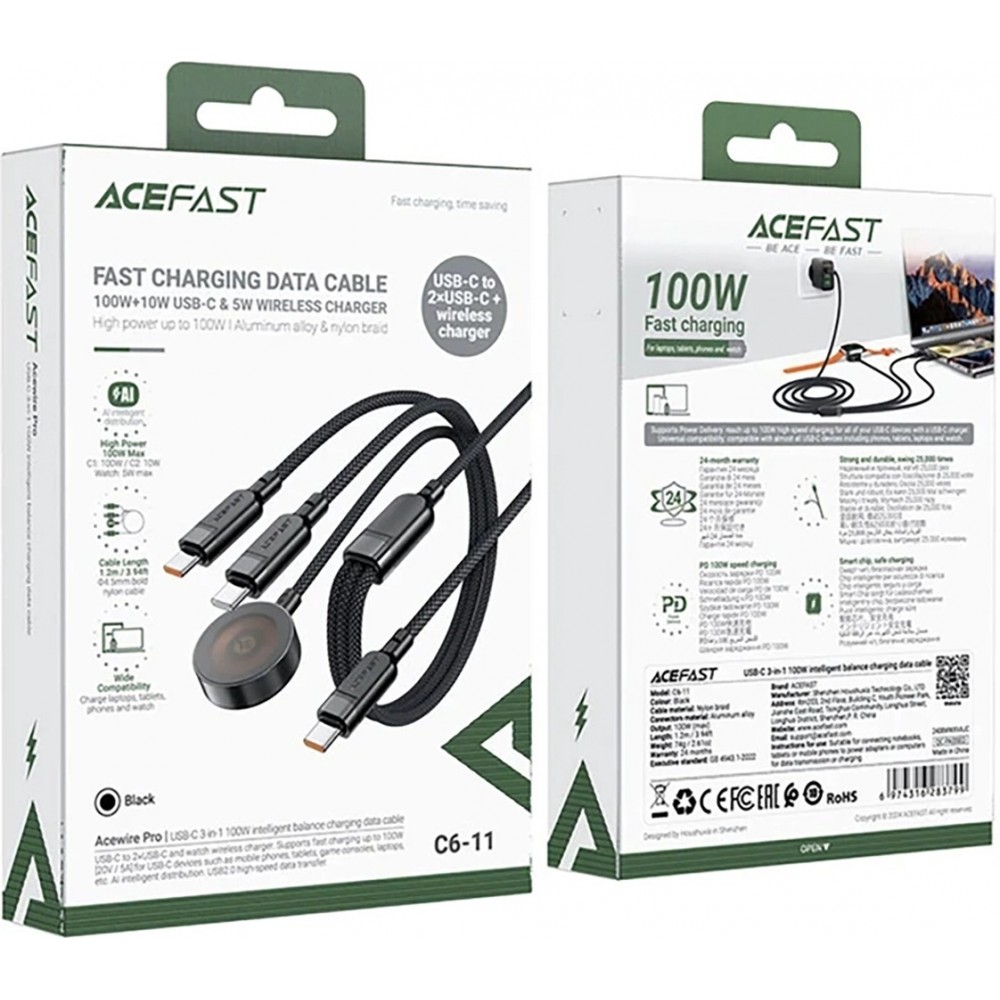 Câble USB-C 3 en 1 100W Acefast C6-11 (2x USB-C / 1x Apple Watch) 480Mb/s (1.2 m) - Noir