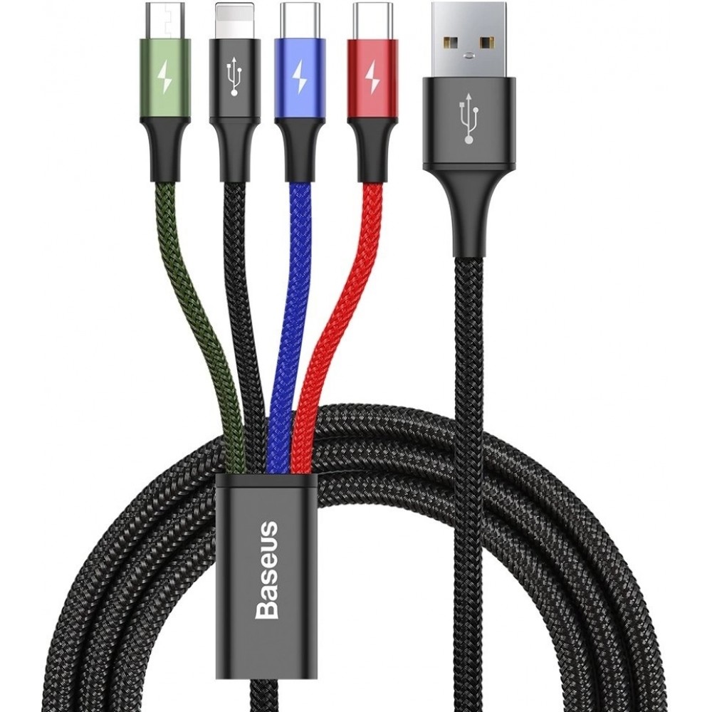 USB-Kabel 4 in 1 (1x Lightning, 2x USB-C, 1x Micro USB) geflochten Nylon 3.5A (1.2 m) - Schwarz