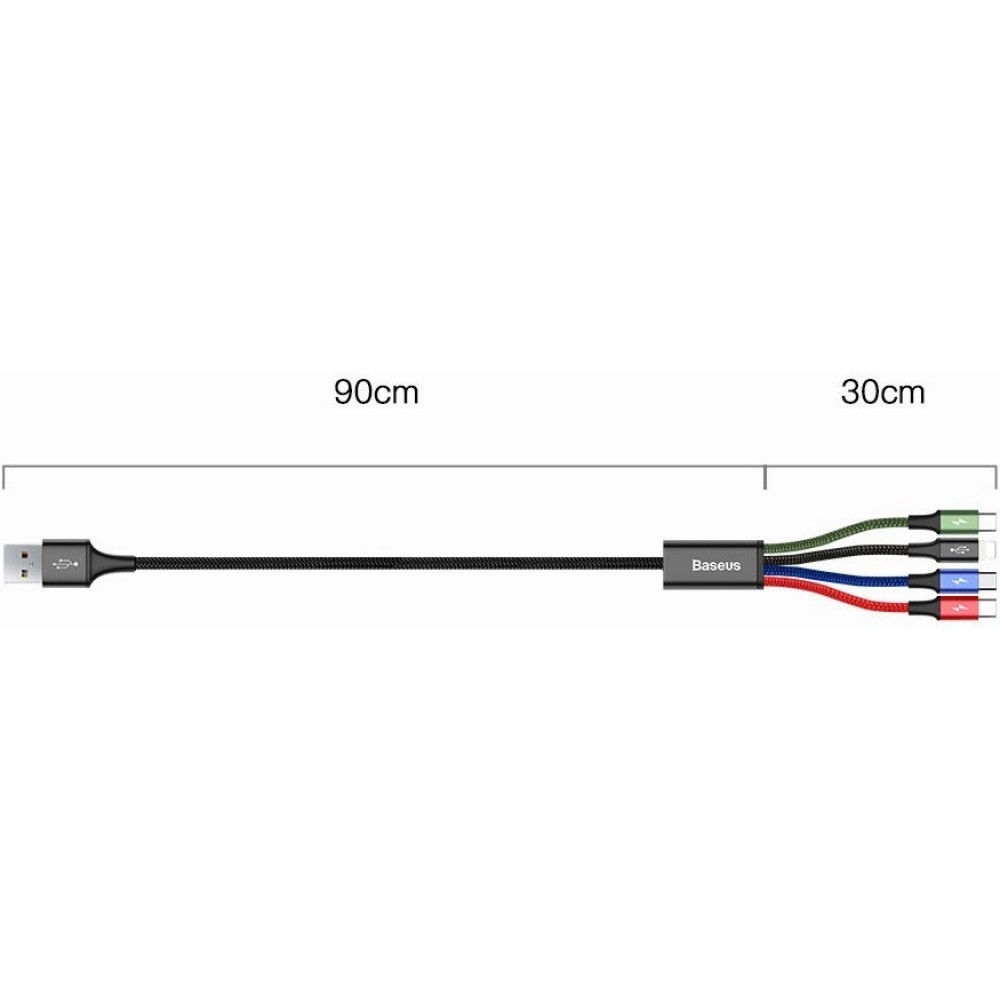 USB-Kabel 4 in 1 (1x Lightning, 2x USB-C, 1x Micro USB) geflochten Nylon 3.5A (1.2 m) - Schwarz