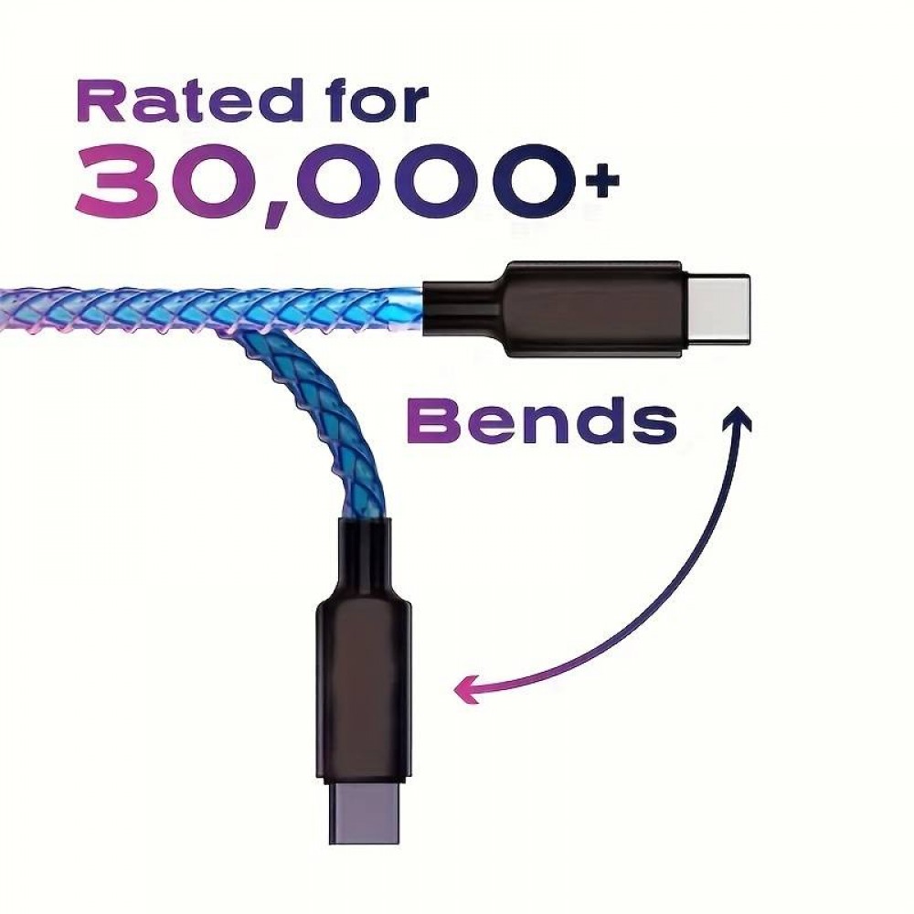 Ladekabel USB-C zu USB-C 66W 1 Meter mit LED-Licht Stromfluss - Multicolor