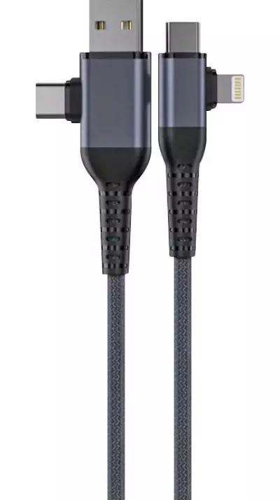4 in 1 Multifunktions Ladekabel Nylon mit USB-A, USB-C & Lightning Anschluss 1.8m - Grau