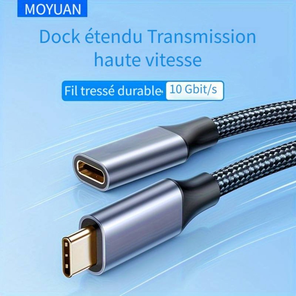 C&acirc;ble extension nylon USB-C (m&acirc;le) vers USB-C (femelle) 2 m&egrave;tres - Noir
