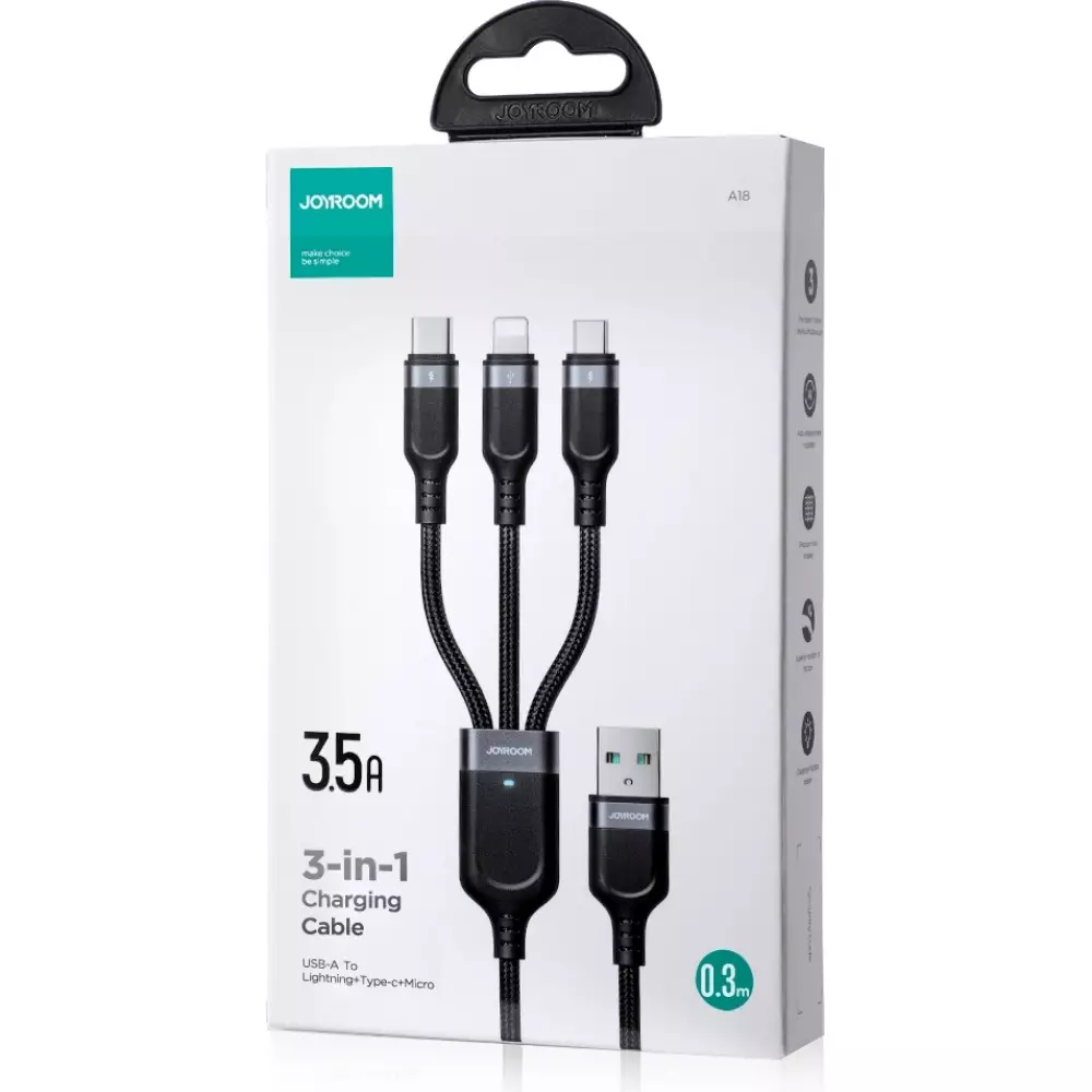 Joyroom Multi-Usage S-A18 3-in-1 Nylon Kabel USB-A zu Lightning / USB-C / Micro USB - Schwarz (30 cm)