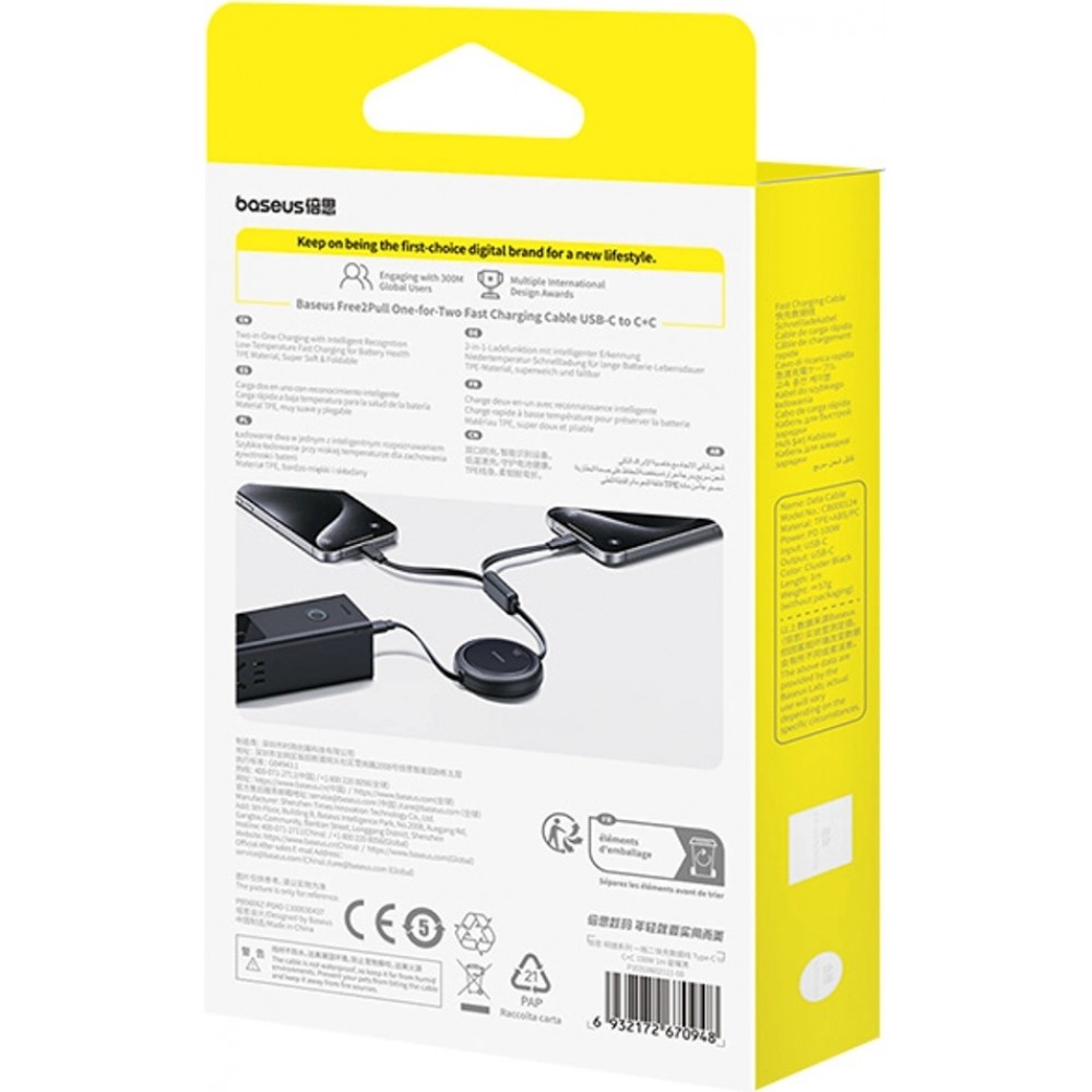 Baseus Bright Mirror Series 2x USB-C 100W (1 m) Aufrollbares Kabel - Schwarz