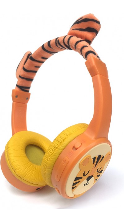 Coole Wireless Bluetooth 5.3 Kopfhörer für Kinder mit gedämpfter Lautstärke 85dB und lustigem Design - Tiger