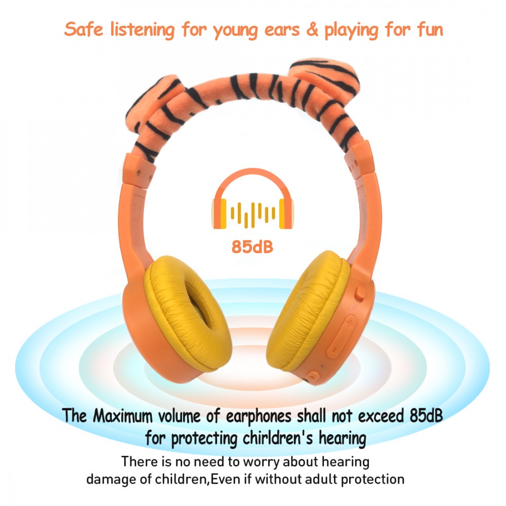 Coole Wireless Bluetooth 5.3 Kopfhörer für Kinder mit gedämpfter Lautstärke 85dB und lustigem Design - Tiger