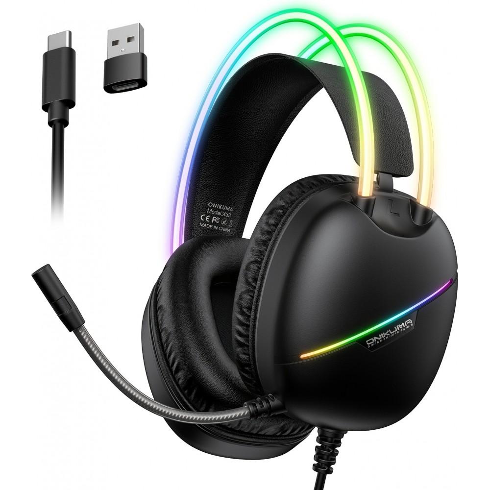 ONIKUMA Gaming-Headset mit RGB-LED USB-C und HD-Mikrofon für PC und PS - Schwarz