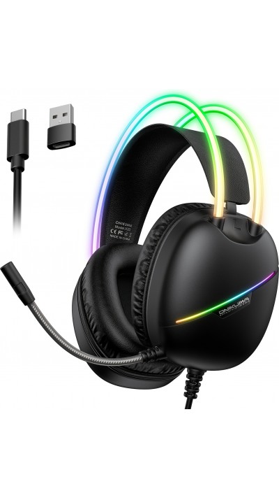 ONIKUMA Gaming-Headset mit RGB-LED USB-C und HD-Mikrofon für PC und PS - Schwarz