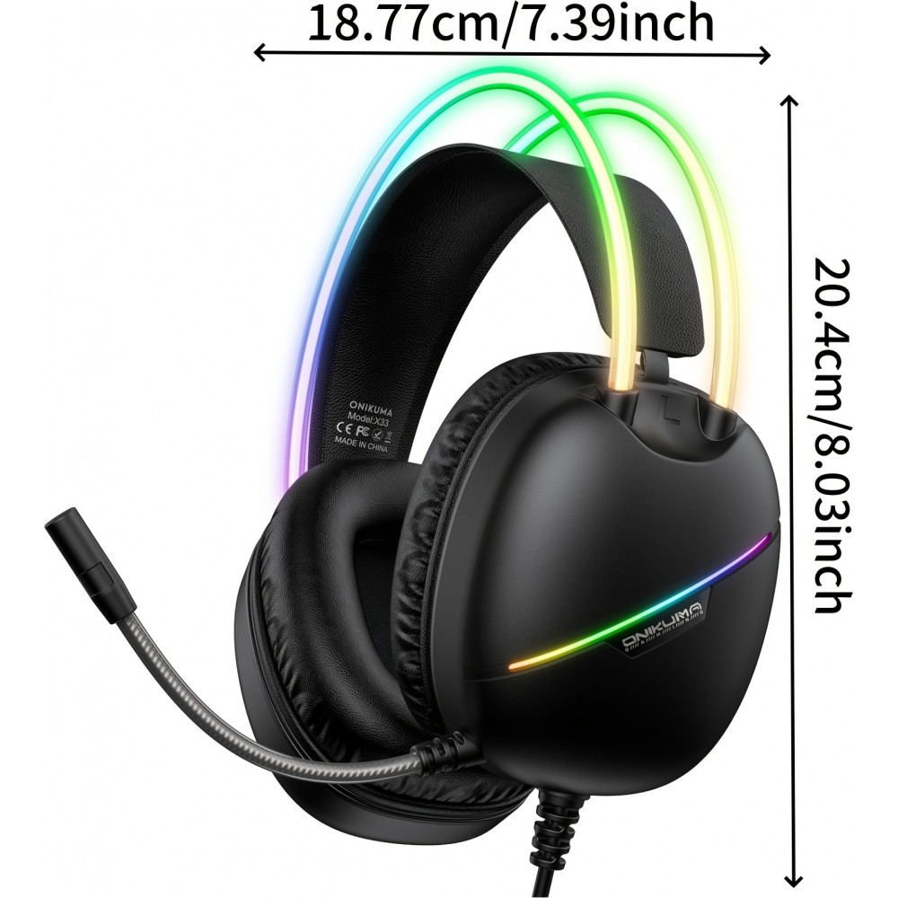 ONIKUMA Gaming-Headset mit RGB-LED USB-C und HD-Mikrofon für PC und PS - Schwarz