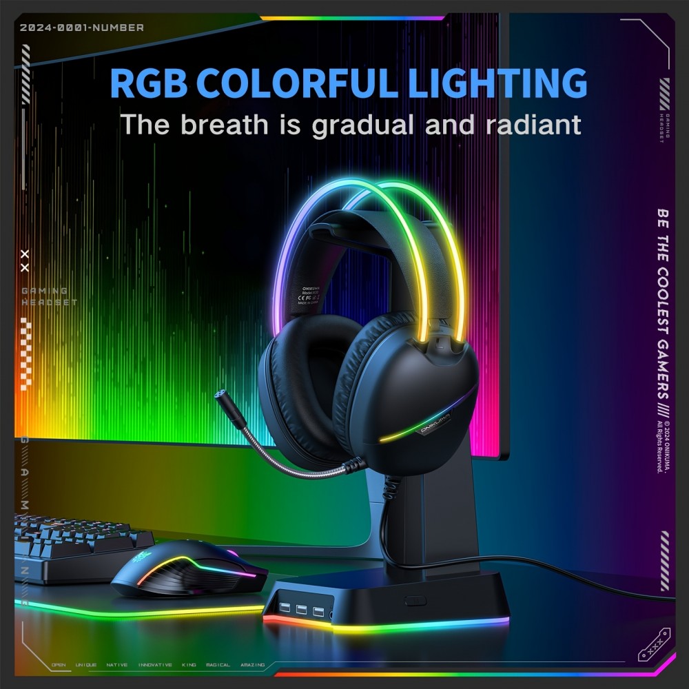 ONIKUMA Gaming-Headset mit RGB-LED USB-C und HD-Mikrofon für PC und PS - Schwarz