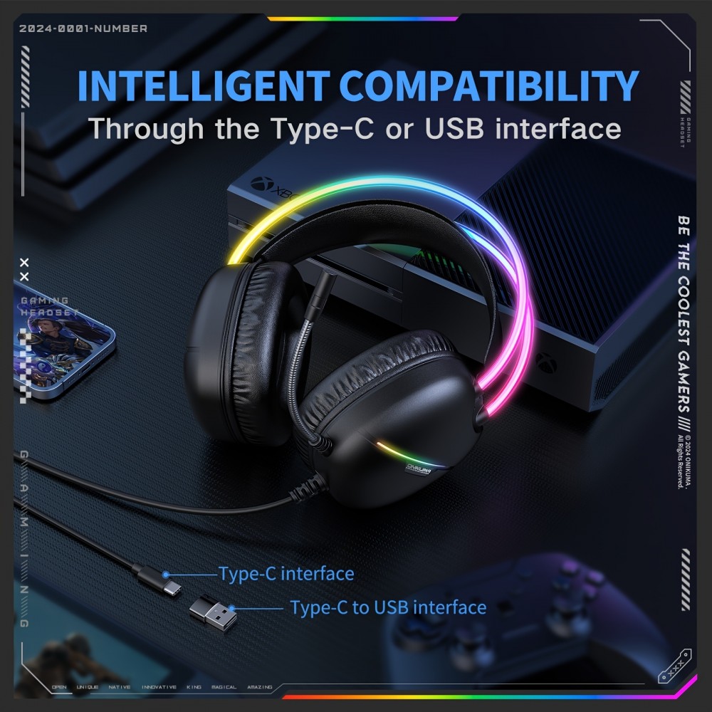 ONIKUMA Gaming-Headset mit RGB-LED USB-C und HD-Mikrofon für PC und PS - Schwarz