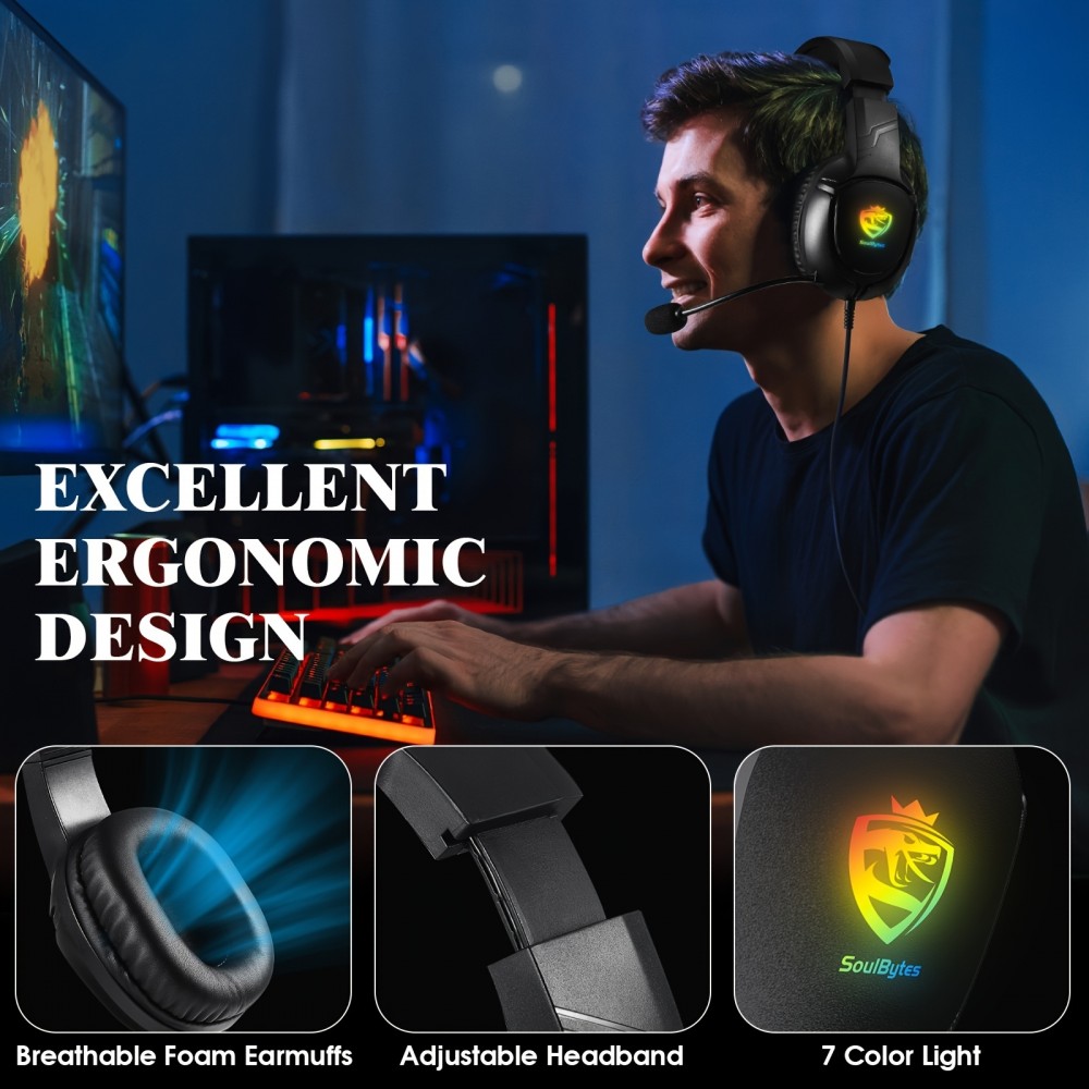 SOULBYTES S20 RGB Gaming Headset mit Surround-Sound Mikrofon für PS4 / PS5 / XBOX / PC 3.5 mm - Schwarz