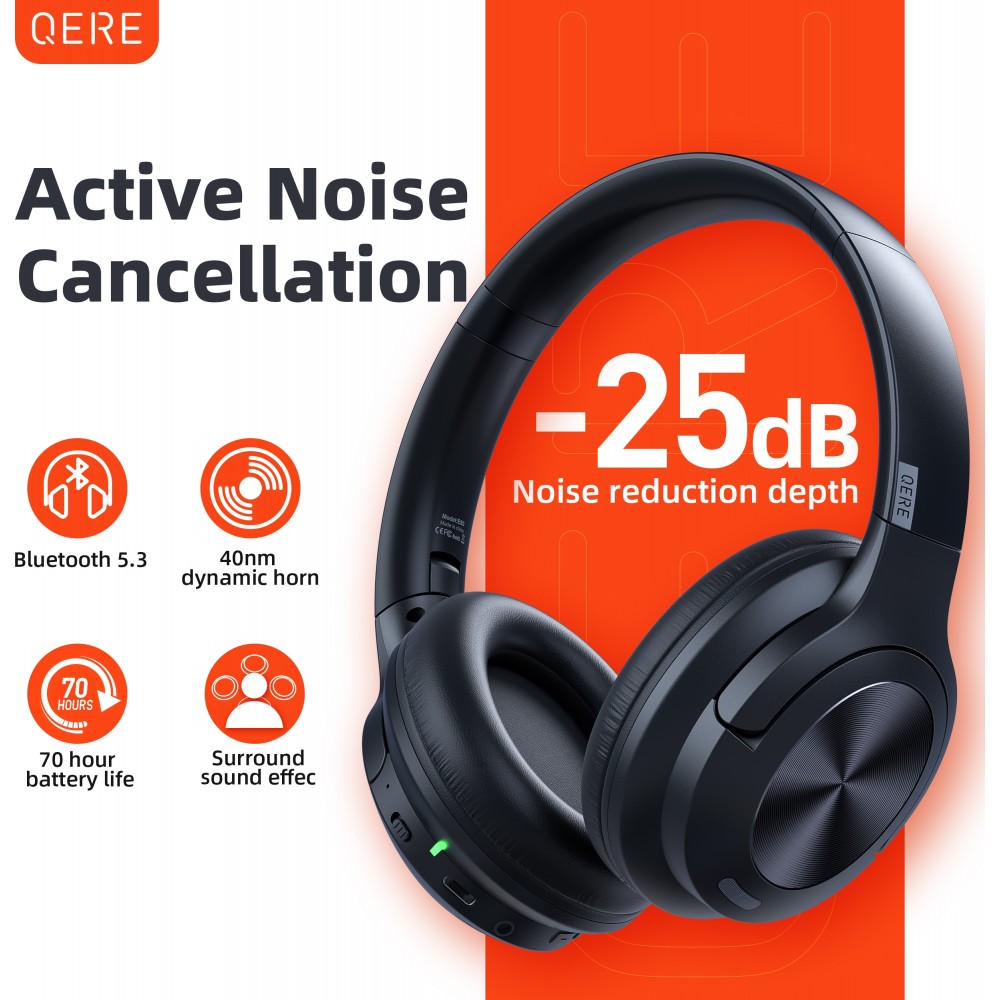 Bluetooth Kopfhörer Qere E80 mit aktiver Geräuschunterdrückung (ANC) - Schwarz