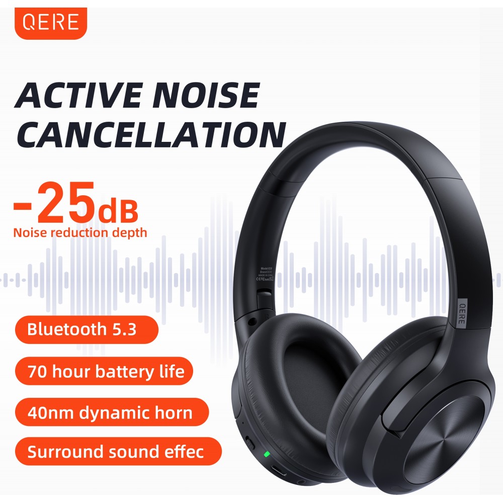 Bluetooth Kopfhörer Qere E80 mit aktiver Geräuschunterdrückung (ANC) - Schwarz