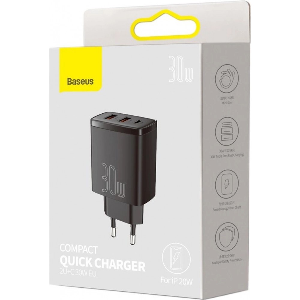 Baseus Kompakter Schnellladegerät 2x USB USB Typ C 30W 3A Power Delivery Quick Charge - Schwarz