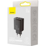 Baseus Kompakter Schnellladegerät 2x USB USB Typ C 30W 3A Power Delivery Quick Charge - Schwarz