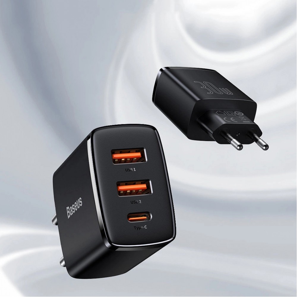 Baseus Kompakter Schnellladegerät 2x USB USB Typ C 30W 3A Power Delivery Quick Charge - Schwarz
