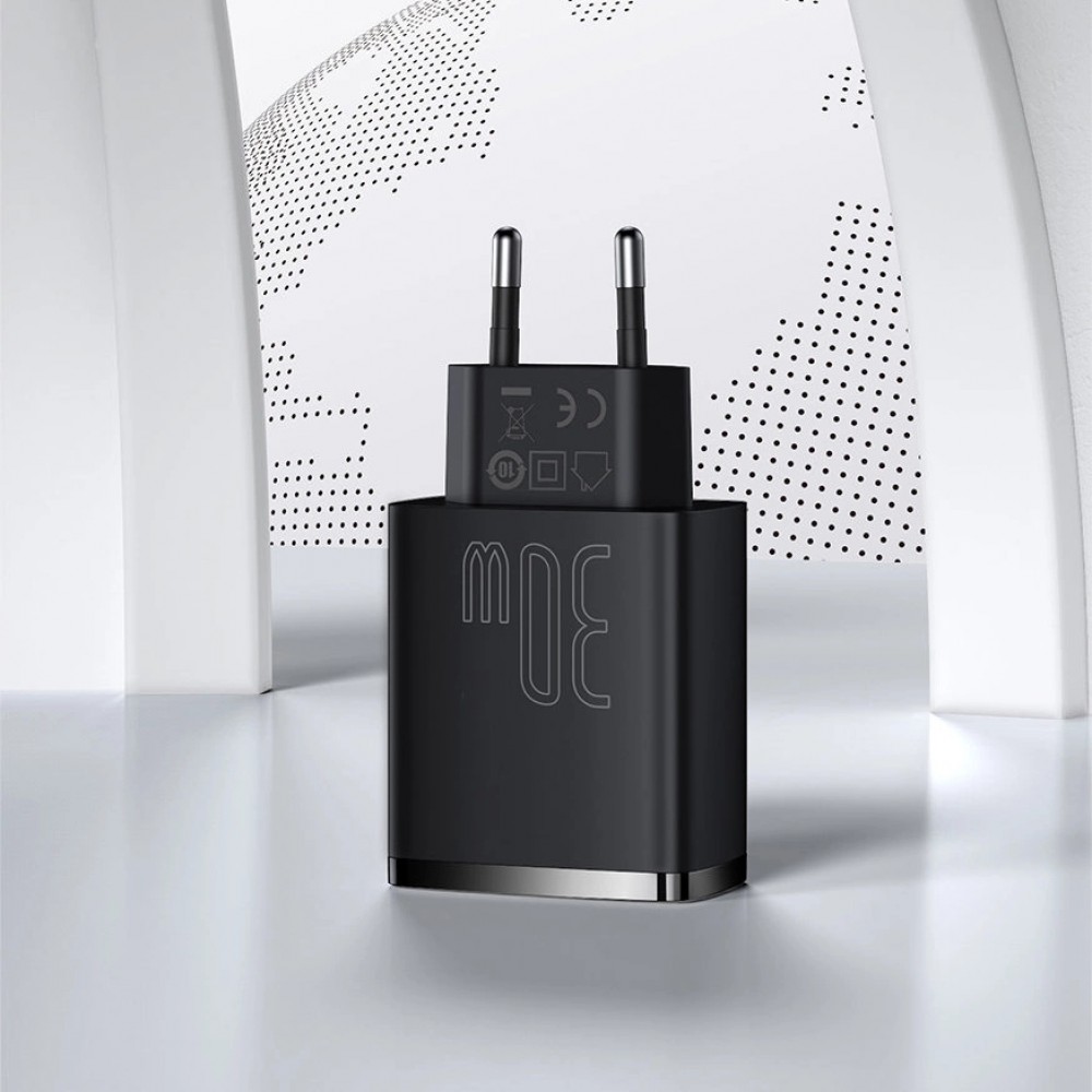 Baseus Kompakter Schnellladegerät 2x USB USB Typ C 30W 3A Power Delivery Quick Charge - Schwarz