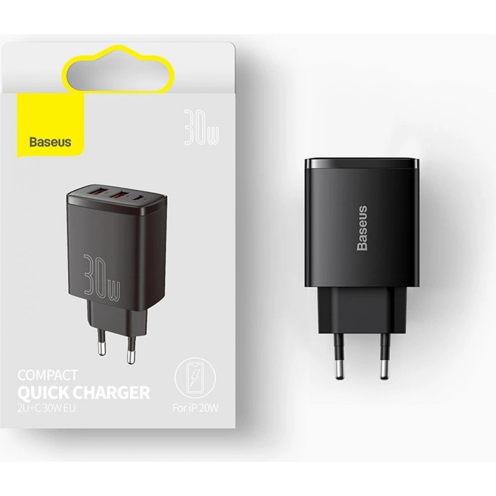 Baseus Kompakter Schnellladegerät 2x USB USB Typ C 30W 3A Power Delivery Quick Charge - Schwarz
