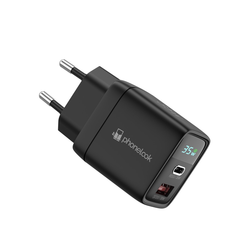 Ladestecker USB-A und USB-C GaN/PD3.0 35W mit LED Anzeige Ultra Leistung PhoneLook - Schwarz