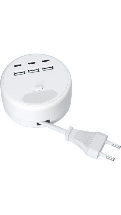 USB-Ladegerät 6 Ports (3 USB-A + 3 USB-C) mit verlängerbarem Kabel (1,2 m) und integrierter LED-Beleuchtung - Weiss