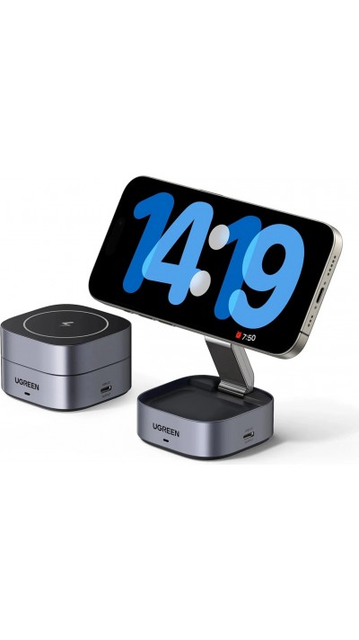 Ugreen 3-in-1 MagSafe Qi Induktionsladegerät für Telefon und Kopfhörer mit USB-C-Anschluss - Schwarz
