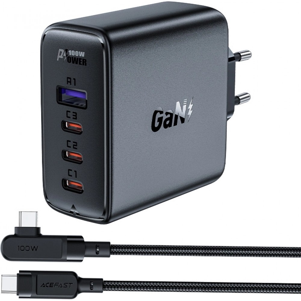 Acefast 100W GaN Schnellladegerät (3x USB-C / 1x USB-A) mit 100W USB-C Winkelkabel (2 m) - Schwarz