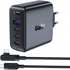 Acefast 100W GaN Schnellladegerät (3x USB-C / 1x USB-A) mit 100W USB-C Winkelkabel (2 m) - Schwarz