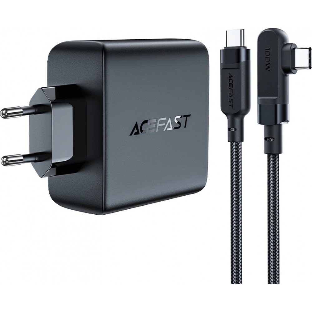 Acefast 100W GaN Schnellladegerät (3x USB-C / 1x USB-A) mit 100W USB-C Winkelkabel (2 m) - Schwarz