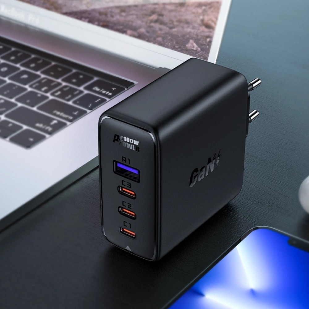 Acefast 100W GaN Schnellladegerät (3x USB-C / 1x USB-A) mit 100W USB-C Winkelkabel (2 m) - Schwarz