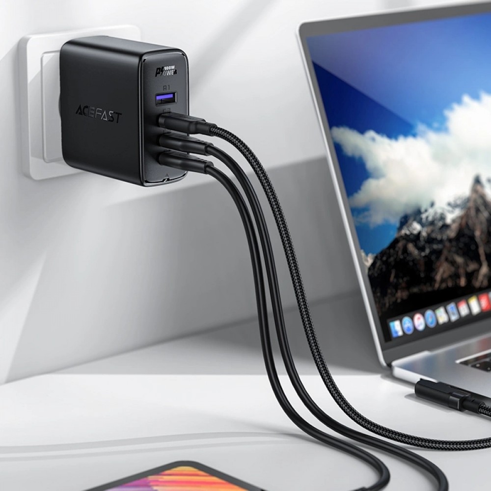 Acefast 100W GaN Schnellladegerät (3x USB-C / 1x USB-A) mit 100W USB-C Winkelkabel (2 m) - Schwarz