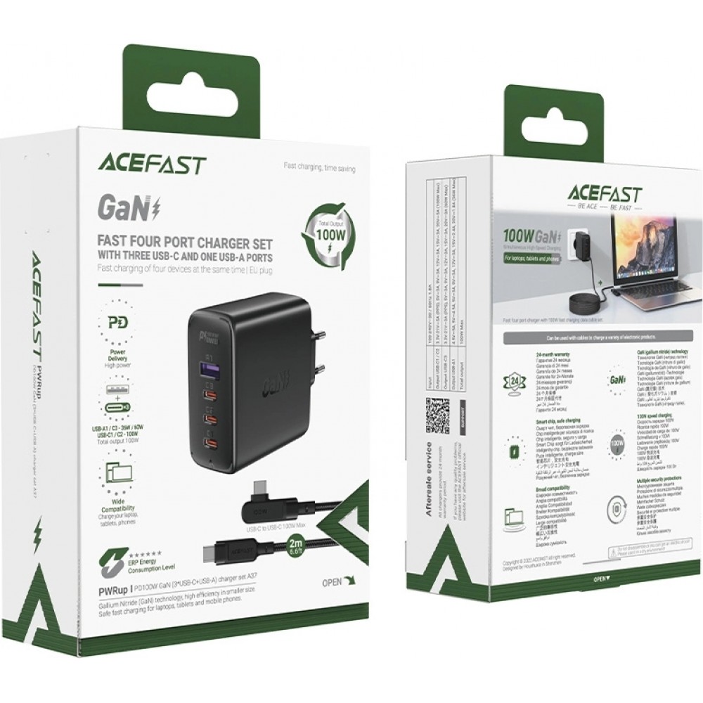 Acefast 100W GaN Schnellladegerät (3x USB-C / 1x USB-A) mit 100W USB-C Winkelkabel (2 m) - Schwarz
