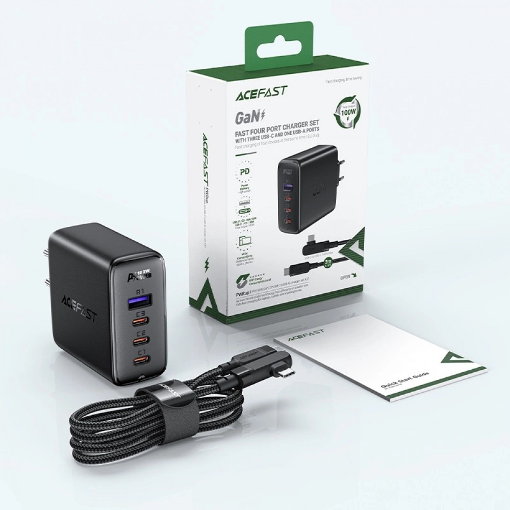 Acefast 100W GaN Schnellladegerät (3x USB-C / 1x USB-A) mit 100W USB-C Winkelkabel (2 m) - Schwarz