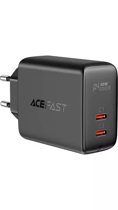Schnellladegerät Acefast 40W 2x USB-C PPS PD QC 3.0 AFC FCP - Schwarz