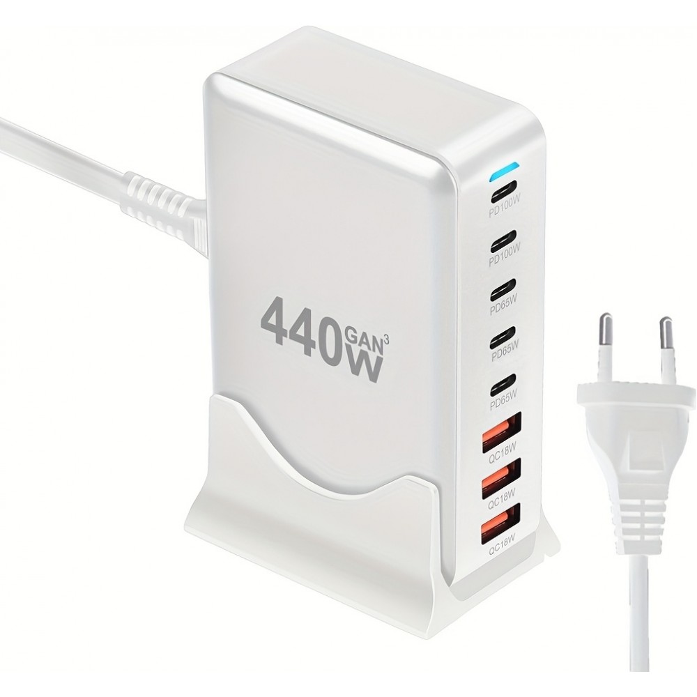 Schnellladegerät 440W GaN Multi-Port mit LED-Anzeigen 8-in-1 USB-C/USB-A CH/EU - Weiß