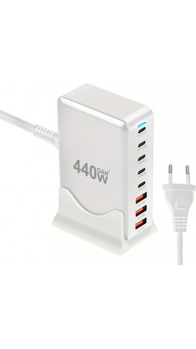 Schnellladegerät 440W GaN Multi-Port mit LED-Anzeigen 8-in-1 USB-C/USB-A CH/EU - Weiß