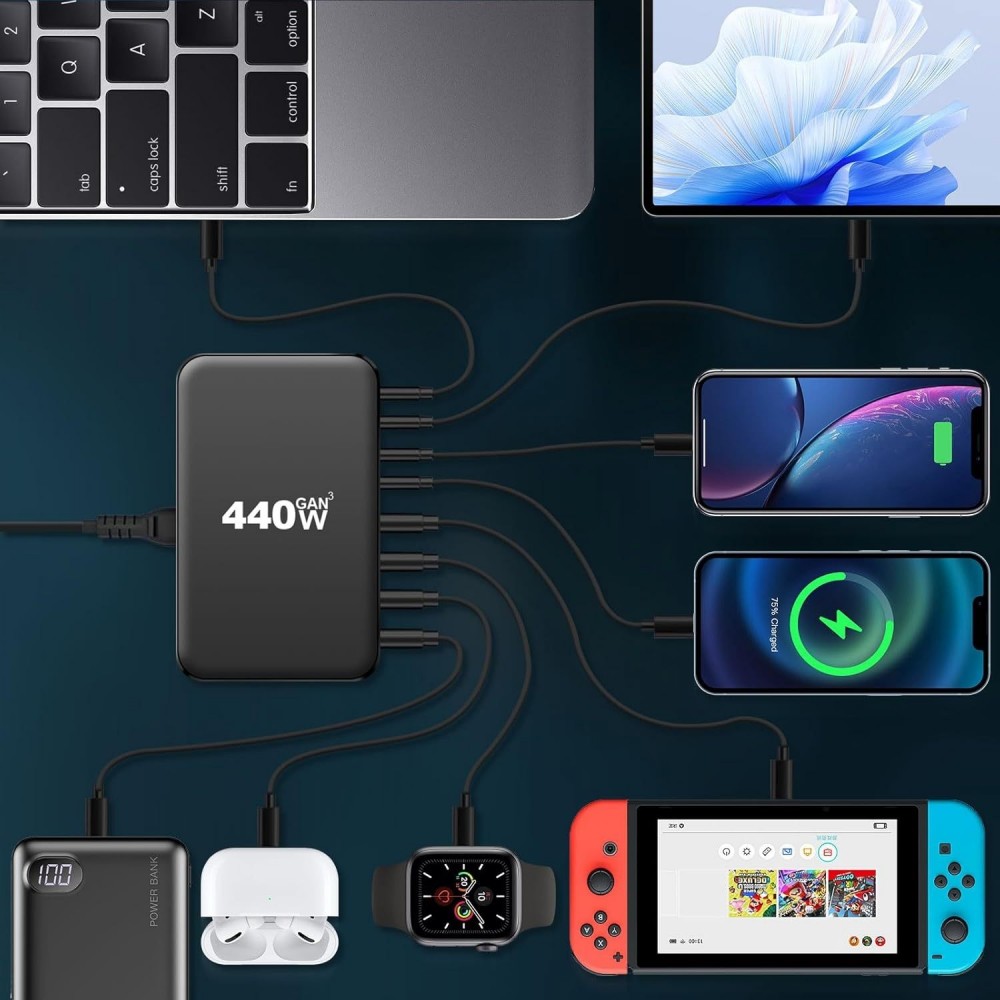 Schnellladegerät 440W GaN Multi-Port mit LED-Anzeigen 8-in-1 USB-C/USB-A CH/EU - Weiß